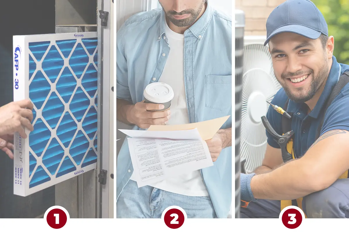 three-column image labeled steps 1 to 3 showing how to check if your HVAC system can use a thicker filter: measure the slot, check the manual, and consult a technician